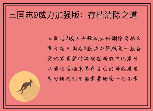 三国志9威力加强版：存档清除之道